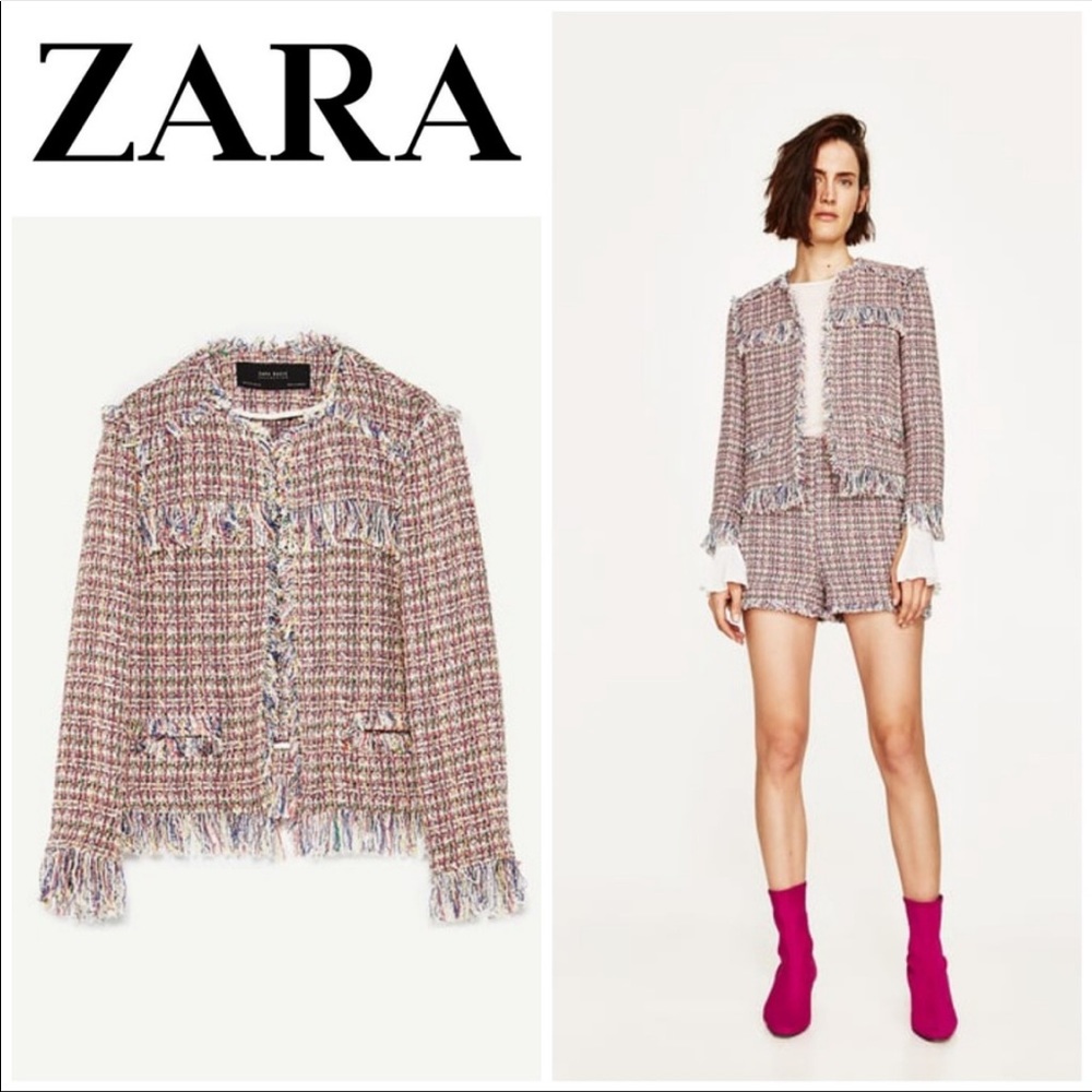 Zara Basic Collection Multi Color Tweed Fringe Blazer XL